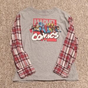 Upcycled Marvel Graphic T-Shirt With Plaid Slevees